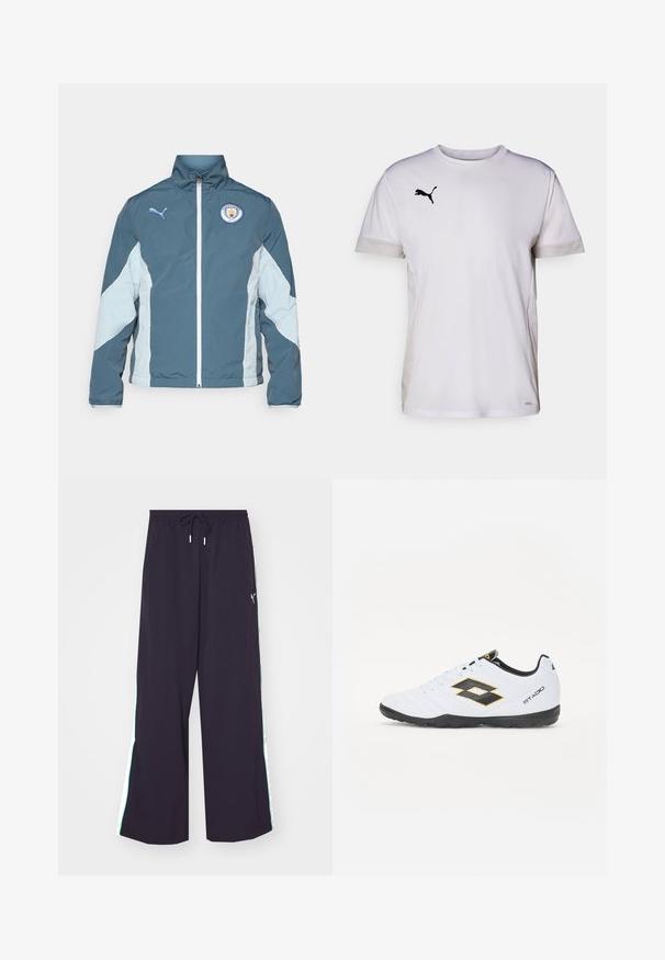 Tamsiai mėlynas ir šviesiai mėlynas vėjavėju, turintis užtrauktuką priekyje, aukštą apykaklę ir Mančesterio miesto logotipą ant krūtinės.; Baltas trumpomis rankovėmis sportinis marškinėliai su apvali apykakle, su orui pralaidžiais tinkleliais šonuose ir juodu Puma logotipu ant krūtinės.; Juodos plačios kelnės, pagamintos iš lengvo audinio. Su raišteliu reguliuojamu juosmeniu ir kontrastingomis žaliomis šoninėmis juostomis su logotipo akcentu.; Baltos sportinės bateliai su juodais ir geltonais akcentais, turintys tekstūruotą viršutinę dalį, apvalią nosį ir juodą guminius padus. Dizainas apima logotipo detalę šone.