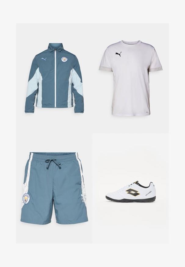 Chaqueta cortavientos en azul oscuro y azul claro, con cierre de cremallera en la parte delantera, cuello alto y el logo del Manchester City en el pecho.; Camiseta atlética blanca de manga corta con cuello redondo, que cuenta con acentos de malla transpirable en los lados y un logo negro de Puma en el pecho.; Bañadores de hombre en color teal, con una cinturilla elástica con cordón, acentos laterales en blanco y un parche del logo del Manchester City.; Zapatillas deportivas blancas con acentos en negro y amarillo, que cuentan con un upper texturizado, punta redonda y suela de goma negra. El diseño incluye un detalle de logo en el lateral.
