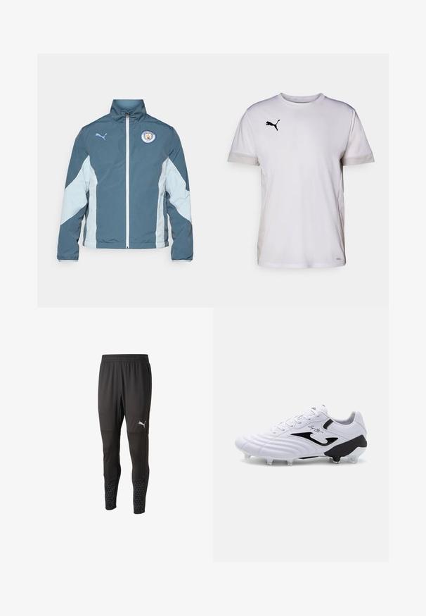Windbreaker jas in donkerteal en lichtblauw, met een ritssluiting aan de voorkant, hoge kraag en het Manchester City logo op de borst.; Witte korte mouwen sportshirt met een ronde hals, voorzien van ademende mesh accenten aan de zijkanten en een zwart Puma-logo op de borst.; Zwarte sportbroeken met een textuur aan de bovenkant, slim-fit ontwerp en een patroon op de onderste manchetten. Voorzien van een elastische tailleband en zijzakken.; Witte voetbalschoenen met een gestructureerde synthetische bovenkant, zwarte accenten, vetersluiting en zes transparante noppen op een zwarte buitenzool voor grip.