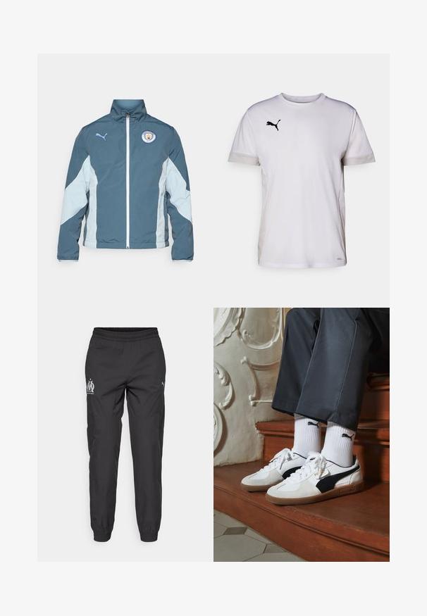 Tuulitakki tummansinisessä ja vaaleansinisessä, jossa on vetoketjukiinnitys, korkea kaulus ja Manchester Cityn logo rinnassa.; Valkoinen lyhythihainen urh-Shirt, jossa on pyöreä pääntie, ja sivuilla hengittäviä verkkomateriaaleja sekä musta Puma-logo rinnassa.; Mustat urheiluhousut, jotka on valmistettu kevyestä kankaasta. Omnisyöksy-elastinen vyötärö, sivutaskut ja harmaat logot kummallakin puolella.; Puma-tenniset valkoisesta ja mustasta mokasta, joissa on ruskea kumipohja. Yhdistetty valkoisten sukkien kanssa, joissa on musta logo, tummien housujen kanssa.