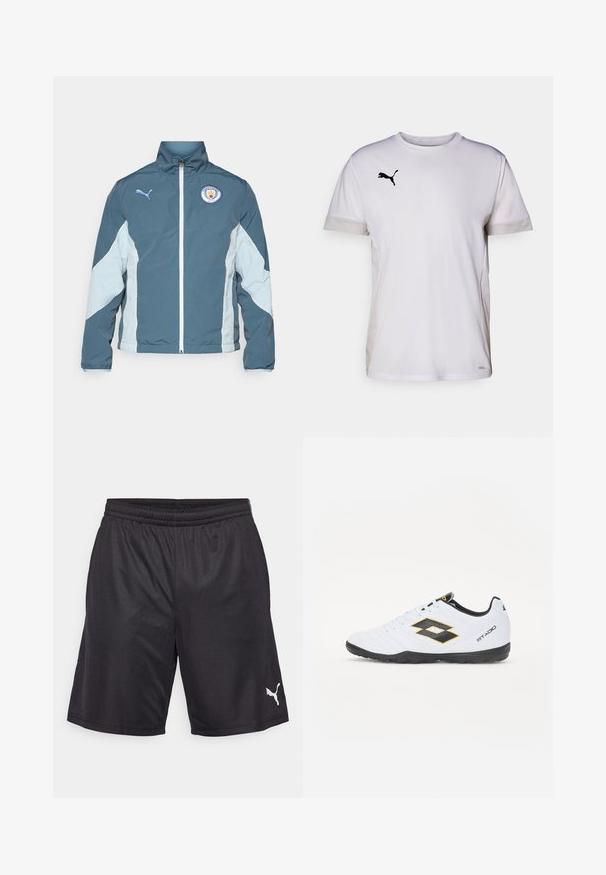 Tume smaragdrohe ja helesinise tuulejope, millel on tõmblukk, kõrge krae ja Manchester City logo rinnal.; Valge lühikeste varrukatega spordipaita ümmarguse kaelusega, külgedel hingavate võrgumaterjalide aktsentidega ja musta Puma logo rinnal.; Mustad mustad lühikesed püksid, millel on kerge kangas, elastne vöökoht ja hõbedane logo vasakul alapoole.; Valged spordijalatsid mustade ja kollaste aktsentidega, millel on tekstuuriga pealisosa, ümmargune nina ja must kummist tallad. Disain sisaldab logo detaile külgedel.