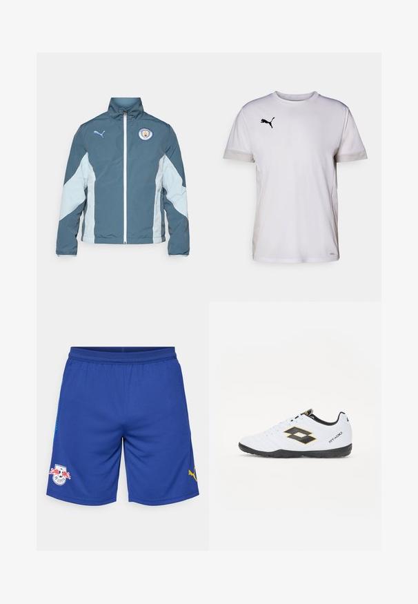 Kurtka typu windbreaker w ciemnym odcieniu teal i jasnym niebieskim, posiadająca zamek z przodu, wysoki kołnierz oraz logo Manchester City na piersi.; Biała koszulka sportowa z krótkim rękawem i okrągłym dekoltem, z oddychającymi wstawkami z siateczki po bokach oraz czarnym logo Pumy na piersi.; Niebieskie szorty sportowe wykonane z oddychającego materiału, z siateczkowym paskiem w talii, żółtym logo Puma z boku oraz logo drużyny z przodu.; Białe buty sportowe z czarnymi i żółtymi akcentami, z teksturowaną cholewką, okrągłym czubkiem i czarną gumową podeszwą. Projekt zawiera szczegół z logo po bokach.