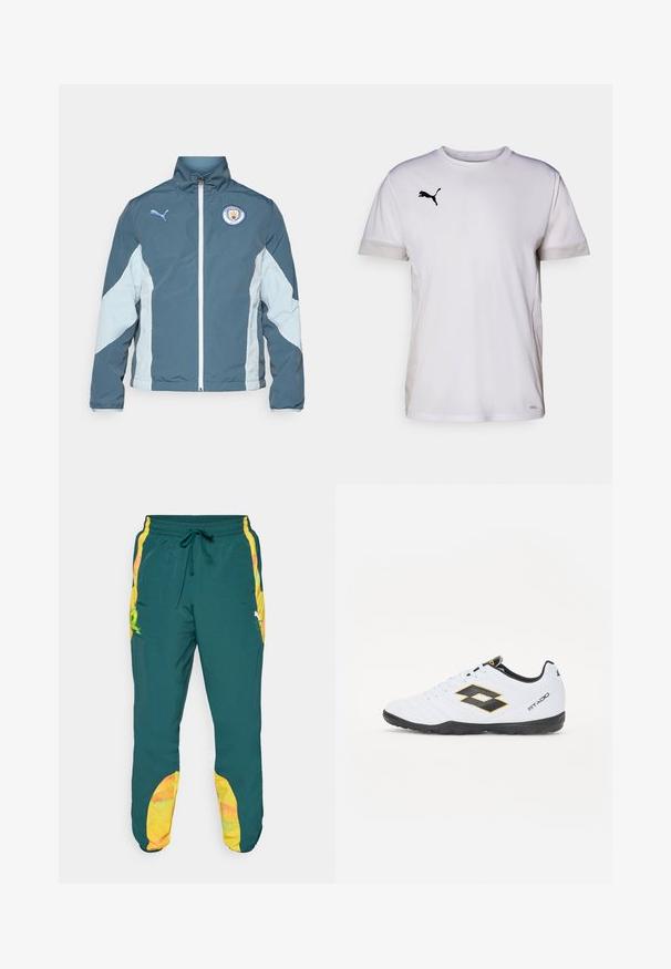 Windbreaker-Jacke in Dunkelblau und Hellblau, mit durchgehendem Reißverschluss, hohem Kragen und dem Manchester City-Logo auf der Brust.; Weißes kurzärmeliges Sportshirt mit Rundhalsausschnitt, ausgestattet mit atmungsaktiven Netzdetails an den Seiten und einem schwarzen Puma-Logo auf der Brust.; Leichte Jogginghosen in Türkis mit einem Kordelzugbund. Verfügt über gelbe Seitenpaneele und Akzente sowie ein mehrfarbiges Muster an den Unterschenkeln.; Weiße Sportschuhe mit schwarzen und gelben Akzenten, ausgestattet mit einem strukturierten Obermaterial, runder Schuhspitze und einer schwarzen Gummisohle. Das Design beinhaltet ein Logodetail an der Seite.