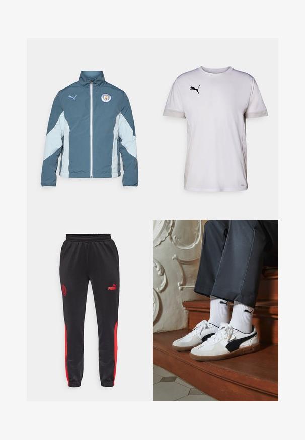 Windbreaker jacket in dark teal and light blue, featuring a zip front, high collar, and Manchester City logo on the chest.; White short-sleeve athletic shirt with a round neckline, featuring breathable mesh accents on the sides and a black Puma logo on the chest.; Black athletic pants with red side panels. Features elastic waistband, tapered legs, Puma logo, and team emblem on one thigh.; Puma sneakers in white and black suede, featuring a brown rubber sole. Paired with white socks displaying a black logo, worn with dark pants.