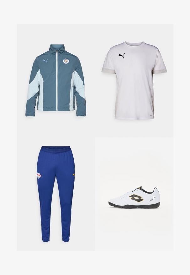 Bunda na vetry v tmavom teal a svetlom modrom, s predným zipsom, vysokým golierom a logom Manchester City na hrudi.; Biele krátke tričko s krátkym rukávom športového strihu s okrúhlym výstrihom, so vzdušnými sieťovinovými detailmi na bokoch a čiernym logom Puma na hrudi.; Modré atletické nohavice z ľahkej tkaniny s elastickým pásom, bočnými vreckami a logami v bielych a žltých akcentoch.; Biele športové topánky s čiernymi a žltými akcentmi, s textúrovaným zvrškom, okrúhlou špičkou a čiernou gumovou podrážkou. Dizajn obsahuje logo detail na boku.