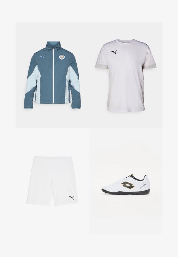 Windbreaker jacket in dark teal and light blue, featuring a zip front, high collar, and Manchester City logo on the chest.; White short-sleeve athletic shirt with a round neckline, featuring breathable mesh accents on the sides and a black Puma logo on the chest.; White athletic shorts made of lightweight fabric, featuring an elastic waistband and a small black logo on the lower left side.; White sports shoes with black and yellow accents, featuring a textured upper, round toe, and a black rubber sole. The design includes a logo detail on the side.