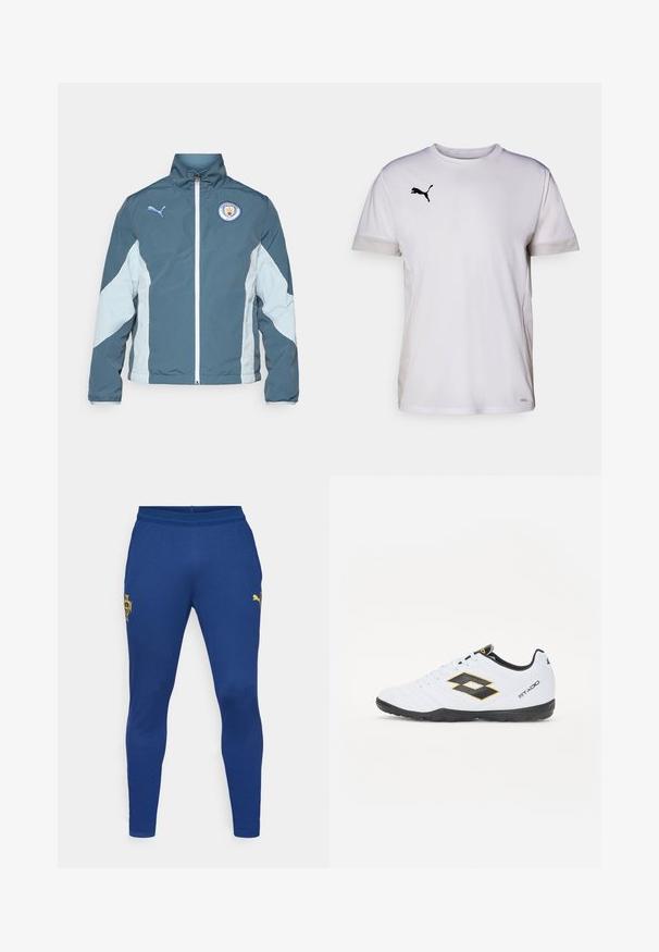 Windbreaker jacket in dark teal and light blue, featuring a zip front, high collar, and Manchester City logo on the chest.; White short-sleeve athletic shirt with a round neckline, featuring breathable mesh accents on the sides and a black Puma logo on the chest.; Blue athletic pants made of smooth fabric, featuring a yellow emblem and a small gold Puma logo on the left leg, with a tapered design.; White sports shoes with black and yellow accents, featuring a textured upper, round toe, and a black rubber sole. The design includes a logo detail on the side.