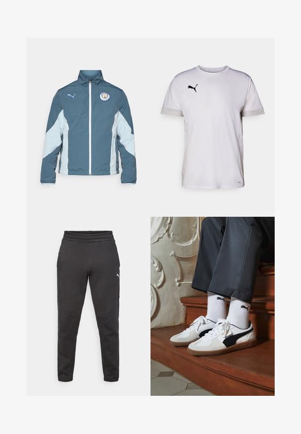 Tamsiai mėlynas ir šviesiai mėlynas vėjavėju, turintis užtrauktuką priekyje, aukštą apykaklę ir Mančesterio miesto logotipą ant krūtinės.; Baltas trumpomis rankovėmis sportinis marškinėliai su apvali apykakle, su orui pralaidžiais tinkleliais šonuose ir juodu Puma logotipu ant krūtinės.; Juodos sportinės kelnės, pagamintos iš minkštos medžiagos, su raišteliu juosmens srityje, šoninėmis kišenėmis ir subtiliu logotipo detaliu ant kairiojo šlaunies.; Puma sportbačiai baltoje ir juodoje zomšo spalvų derinys, su rudu guminio pado apdaila. Derinama su baltais kojiniais, kuriuose pavaizduota juoda logotipas, dėvimi su tamsiomis kelnėmis.