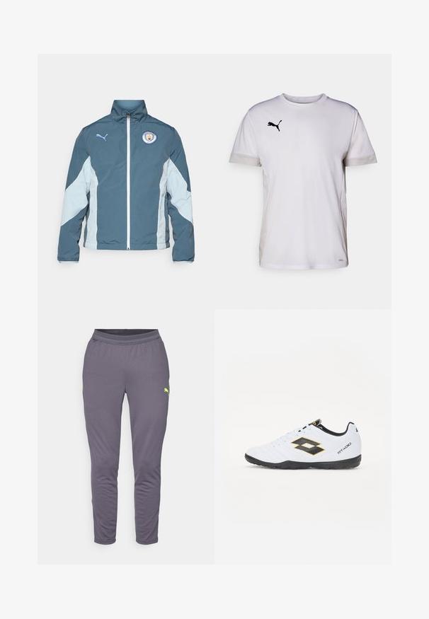 Vēja pārtraucējs jaka tumši zaļā un gaiši zilā krāsā, ar priekšējo rāvējslēdzēju, augstu apkakli un Mančestras City logo uz krūtīm.; Balta īsām piedurknēm sporta krekls ar apaļu kakla izgriezumu, ar elpojošiem acs akcentiem sānos un melnu Puma logotipu krūtīs.; Pelēki sporta bikses, izgatavotas no elpojoša materiāla, ar sašaurinātu dizainu un dzelteniem akcentiem. Iekļautas sānu kabatas un elastīga josta.; Baltas sporta apavus ar melniem un dzelteniem akcentiem, ar teksturētu virsmu, apaļu purngalu un melnu gumijas zoli. Dizainā ir iekļauts logo elements sānos.