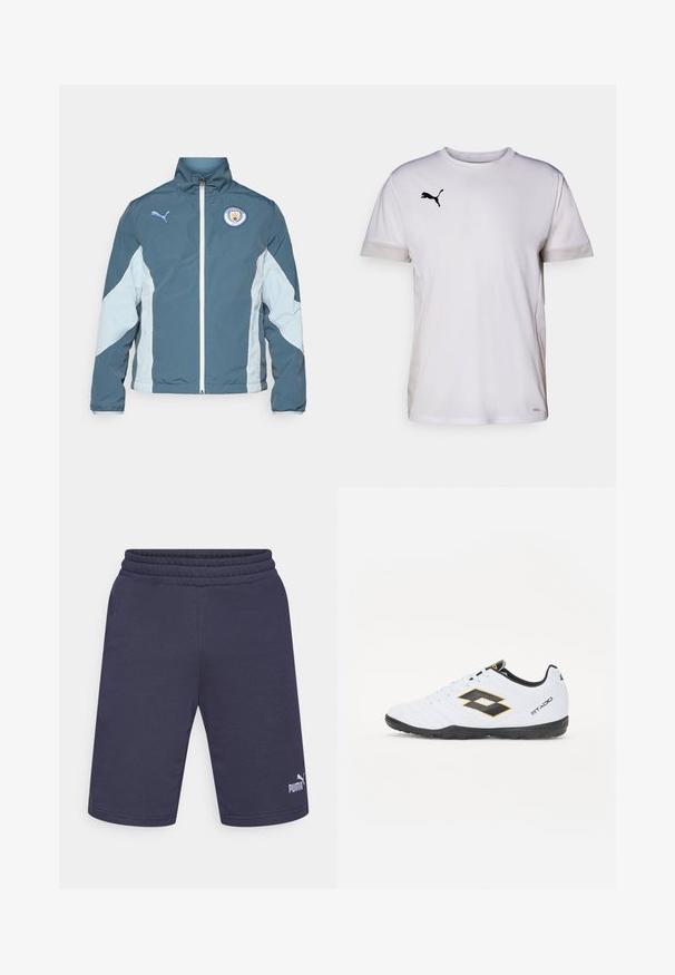 Tume smaragdrohe ja helesinise tuulejope, millel on tõmblukk, kõrge krae ja Manchester City logo rinnal.; Valge lühikeste varrukatega spordipaita ümmarguse kaelusega, külgedel hingavate võrgumaterjalide aktsentidega ja musta Puma logo rinnal.; Tumedad sinine sportlikud lühikesed püksid, mis on valmistatud pehmest kangast, millel on elastne vöökoht ja valge Puma logo vasakus alumises servas.; Valged spordijalatsid mustade ja kollaste aktsentidega, millel on tekstuuriga pealisosa, ümmargune nina ja must kummist tallad. Disain sisaldab logo detaile külgedel.