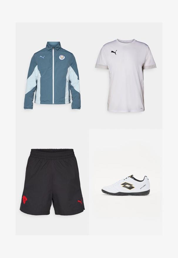 Vēja pārtraucējs jaka tumši zaļā un gaiši zilā krāsā, ar priekšējo rāvējslēdzēju, augstu apkakli un Mančestras City logo uz krūtīm.; Balta īsām piedurknēm sporta krekls ar apaļu kakla izgriezumu, ar elpojošiem acs akcentiem sānos un melnu Puma logotipu krūtīs.; Melnas sporta šorti ar elastīgu jostu, ar sarkana lauva logo un sarkana Puma logo apakšējā pusē. Viegls audums, gluda tekstūra.; Baltas sporta apavus ar melniem un dzelteniem akcentiem, ar teksturētu virsmu, apaļu purngalu un melnu gumijas zoli. Dizainā ir iekļauts logo elements sānos.