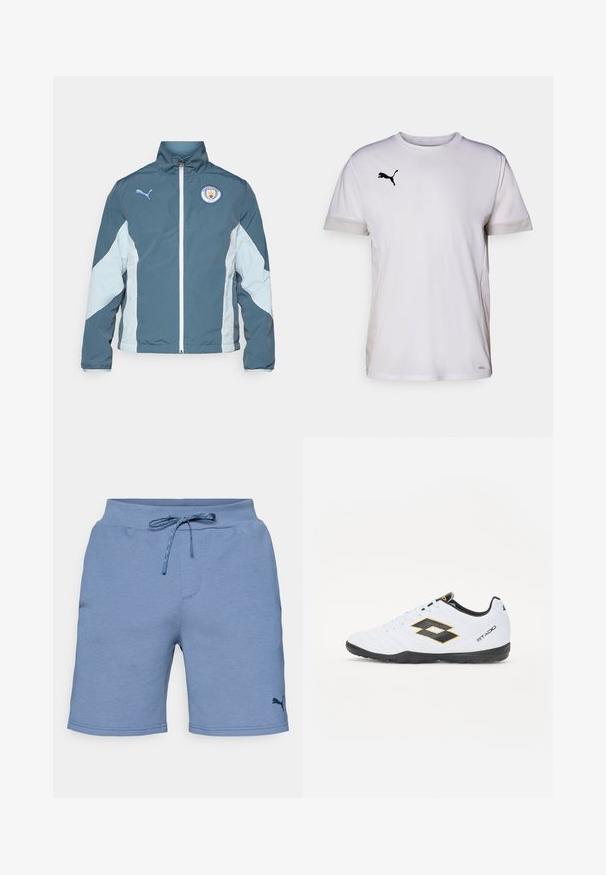 Sötét teal és világoskék szélálló dzseki, amely zipzárral, magas gallérral és a Manchester City logójával rendelkezik a mellkason.; Fehér, rövid ujjas sportpóló kerek nyakkivágással, légáteresztő hálós részletekkel az oldalán és fekete Puma logóval a mellkasán.; Világoskék sportnadrág elasztikus derékrésszel és állítható zsinórral. A nadrág alsó részén egy kis sötét logó található.; Fehér sportcipő fekete és sárga kiegészítőkkel, textúrázott felsőrésszel, kerek orral és fekete gumitalppal. A dizájn tartalmaz egy logó részletet az oldalon.
