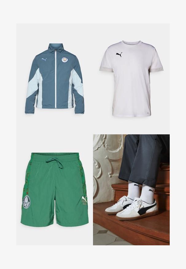 Casaco corta-vento em verde-escuro e azul-claro, com fecho éclair na frente, gola alta e logotipo do Manchester City no peito.; Camisola atlética branca de manga curta com decote redondo, apresentando detalhes em malha respirável nas laterais e um logo da Puma em preto no peito.; Calções de banho verdes com uma faixa elástica na cintura, cordão, painéis laterais em camuflagem e logótipos bordados na frente. Material leve.; Ténis Puma em camurça branca e preta, com uma sola de borracha castanha. Combinados com meias brancas exibindo um logótipo preto, usados com calças escuras.