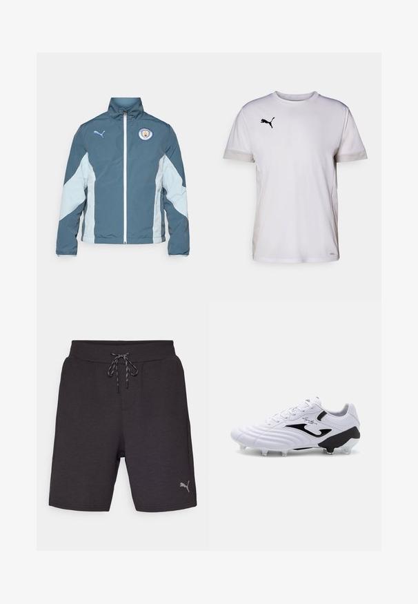 Bunda s větrovkou v tmavě modré a světle modré barvě, vybavená zipovým uzávěrem, vysokým límcem a logem Manchester City na hrudi.; Bílé atletické tričko s krátkým rukávem a kulatým výstřihem, disponující prodyšnými síťovanými detaily po stranách a černým logem Puma na hrudi.; Pánské tmavě šedé sportovní šortky vyrobené z měkké látky, s elastickým pasem na šňůrku a malým stříbrným logem na boku.; Bílé fotbalové kopačky s texturovaným syntetickým svrškem, černými akcenty, zavazováním na tkaničky a šesti průhlednými špičkami na černé podešvi pro lepší trakci.
