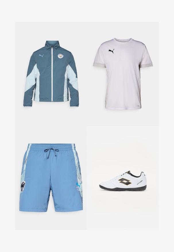 Vindjakke i mørk teal og lys blå, med glidelås foran, høy krage og Manchester City-logo på brystet.; Hvit kortermet atletisk skjorte med rund hals, som har pustende mesh-detaljer på sidene og en svart Puma-logo på brystet.; Blå svømmebukser laget av lett materiale. Har en elastisk midje med snor og side logo-preg.; Hvite sportsko med svarte og gule detaljer, med en teksturert overflate, rund tå og en svart gummisåle. Designet inkluderer et logodetalj på siden.