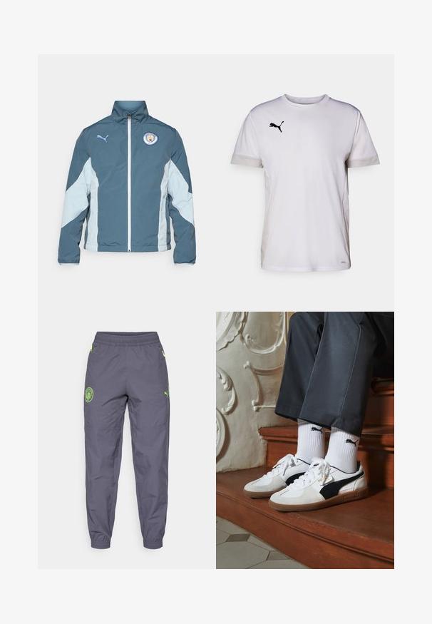 Vindjakke i mørk teal og lys blå, med glidelås foran, høy krage og Manchester City-logo på brystet.; Hvit kortermet atletisk skjorte med rund hals, som har pustende mesh-detaljer på sidene og en svart Puma-logo på brystet.; Grå treningsbukser med avslappet passform, elastisk midjebånd og grønt logo-detalj. Laget av lett, teksturert materiale med elastiske mansjetter.; Puma-sneakers i hvitt og svart semsket skinn, med en brun gummisåle. Kombinert med hvite sokker med en svart logo, båret med mørke bukser.