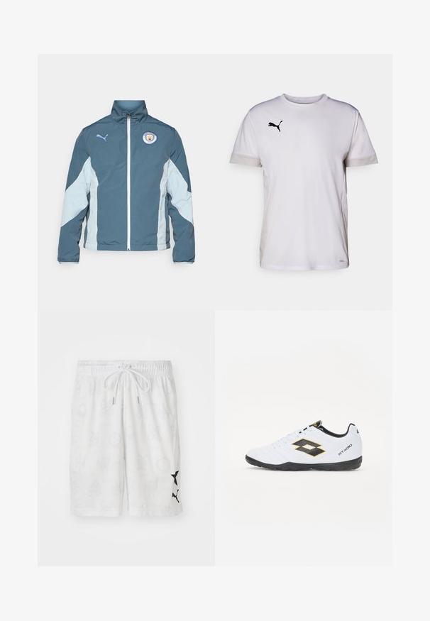 Veste coupe-vent en bleu sarcelle et bleu clair, avec un zip sur le devant, un col haut et le logo de Manchester City sur la poitrine.; T-shirt de sport blanc à manches courtes avec un col rond, présentant des accents en mesh respirant sur les côtés et un logo Puma noir sur la poitrine.; Shorts de bain blancs avec un motif subtil, dotés d'une taille élastique à cordon de serrage et d'accents de logo noirs sur le côté. Fabriqués en matériau léger.; Baskets blanches avec des accents noirs et jaunes, dotées d'un dessus texturé, d'un embout rond et d'une semelle en caoutchouc noire. Le design comprend un détail de logo sur le côté.