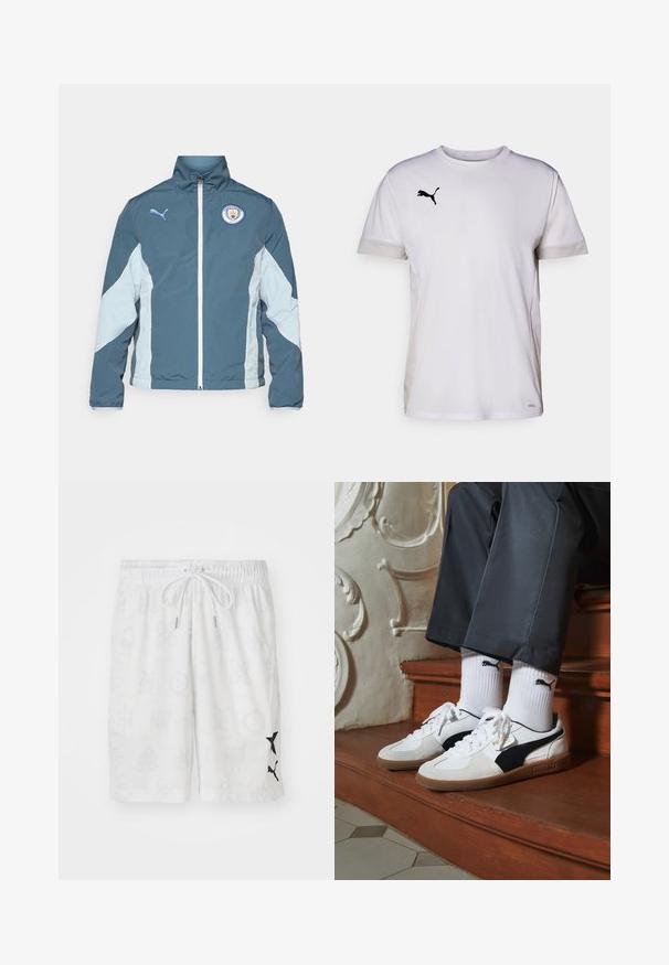 Windbreaker jacket in dark teal and light blue, featuring a zip front, high collar, and Manchester City logo on the chest.; White short-sleeve athletic shirt with a round neckline, featuring breathable mesh accents on the sides and a black Puma logo on the chest.; White swim shorts with a subtle pattern, featuring a drawstring waist and black logo accents on the side. Made of lightweight material.; Puma sneakers in white and black suede, featuring a brown rubber sole. Paired with white socks displaying a black logo, worn with dark pants.