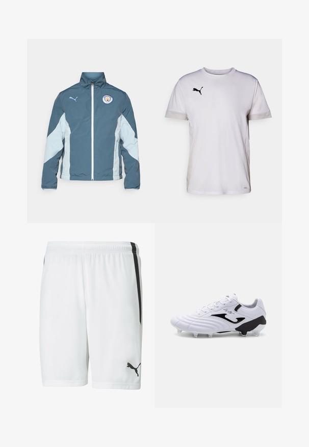 Chaqueta cortavientos en azul oscuro y azul claro, con cierre de cremallera en la parte delantera, cuello alto y el logo del Manchester City en el pecho.; Camiseta atlética blanca de manga corta con cuello redondo, que cuenta con acentos de malla transpirable en los lados y un logo negro de Puma en el pecho.; Pantalones cortos deportivos blancos con una textura suave, que presentan rayas laterales negras y un logo negro en la parte inferior derecha. Cintura elástica para mayor comodidad.; Botas de fútbol blancas con parte superior sintética texturizada, acentos en negro, cierre de cordones y seis tachuelas transparentes en una suela negra para tracción.