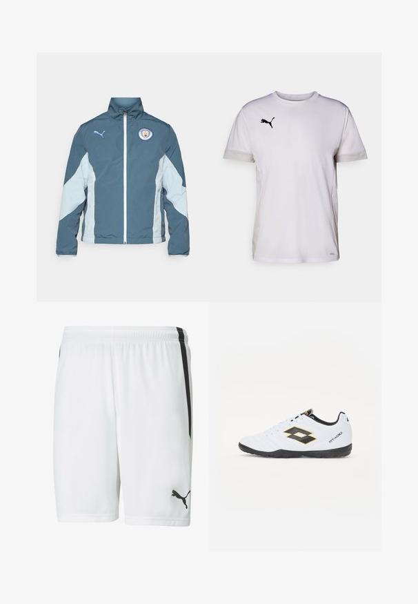 Windbreaker-Jacke in Dunkelblau und Hellblau, mit durchgehendem Reißverschluss, hohem Kragen und dem Manchester City-Logo auf der Brust.; Weißes kurzärmeliges Sportshirt mit Rundhalsausschnitt, ausgestattet mit atmungsaktiven Netzdetails an den Seiten und einem schwarzen Puma-Logo auf der Brust.; Weiße Sportshorts mit glatter Textur, ausgestattet mit schwarzen Seitenstreifen und einem schwarzen Logo auf der unteren rechten Seite. Elastischer Bund für Komfort.; Weiße Sportschuhe mit schwarzen und gelben Akzenten, ausgestattet mit einem strukturierten Obermaterial, runder Schuhspitze und einer schwarzen Gummisohle. Das Design beinhaltet ein Logodetail an der Seite.