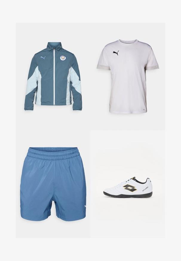 Tamsiai mėlynas ir šviesiai mėlynas vėjavėju, turintis užtrauktuką priekyje, aukštą apykaklę ir Mančesterio miesto logotipą ant krūtinės.; Baltas trumpomis rankovėmis sportinis marškinėliai su apvali apykakle, su orui pralaidžiais tinkleliais šonuose ir juodu Puma logotipu ant krūtinės.; Mėlynos sportinės šortai su elastingu diržu, sklandžiu paviršiumi ir mažuoju baltu logotipu apatinėje pusėje. Paprastas dizainas, be kišenių.; Baltos sportinės bateliai su juodais ir geltonais akcentais, turintys tekstūruotą viršutinę dalį, apvalią nosį ir juodą guminius padus. Dizainas apima logotipo detalę šone.
