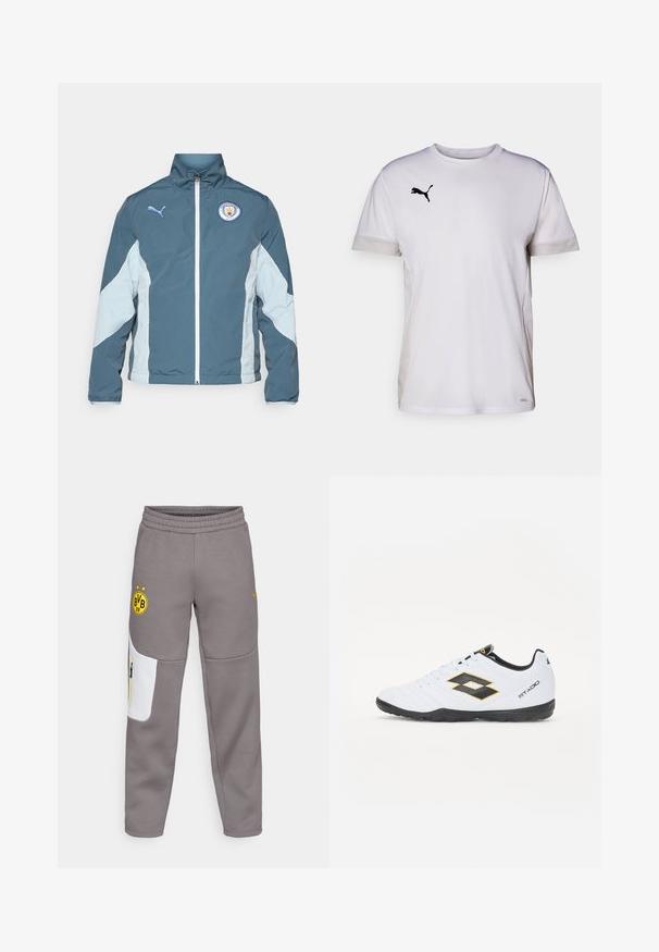 Windbreaker-Jacke in Dunkelblau und Hellblau, mit durchgehendem Reißverschluss, hohem Kragen und dem Manchester City-Logo auf der Brust.; Weißes kurzärmeliges Sportshirt mit Rundhalsausschnitt, ausgestattet mit atmungsaktiven Netzdetails an den Seiten und einem schwarzen Puma-Logo auf der Brust.; Graue Sweatpants mit einem weißen Patch, elastischem Bund, gelbem Logo und gelbem Reißverschlussakzent. Weicher Stoff und taillierte Passform.; Weiße Sportschuhe mit schwarzen und gelben Akzenten, ausgestattet mit einem strukturierten Obermaterial, runder Schuhspitze und einer schwarzen Gummisohle. Das Design beinhaltet ein Logodetail an der Seite.