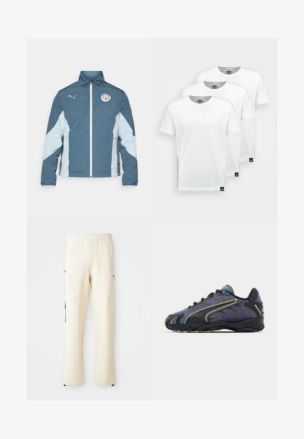 Sötét teal és világoskék szélálló dzseki, amely zipzárral, magas gallérral és a Manchester City logójával rendelkezik a mellkason.; Három sima fehér pamut póló rövid ujjakkal. Mindegyik pólón kerek nyakkivágás található, és a bal oldalon egy kis fekete logó címke van.; Világos bézs színű, puha anyagból készült jogger nadrág. Fekete logóval, oldalsó cipzáras zsebekkel és laza szabással rendelkezik.; Fekete és lila sportcipők texturált felsőrésszel, zöld díszítő vonalakkal és hullámos mintázatú gumitalppal. Fűzős záródás.