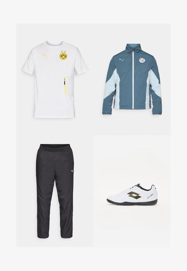 Bunda s větrovkou v tmavě modré a světle modré barvě, vybavená zipovým uzávěrem, vysokým límcem a logem Manchester City na hrudi.; Bílá sportovní košile s krátkým rukávem, která má žluté logo BVB, žluté akcenty a kapsu se zipem na přední levé straně. Lehký materiál.; Černé sportovní kalhoty vyrobené z hladkého, lehkého materiálu. Mají elastický pas a malé bílé logo na levé straně.; Bílé sportovní boty s černými a žlutými akcenty, s texturovaným svrškem, kulatou špičkou a černou gumovou podrážkou. Design zahrnuje detail loga na boku.