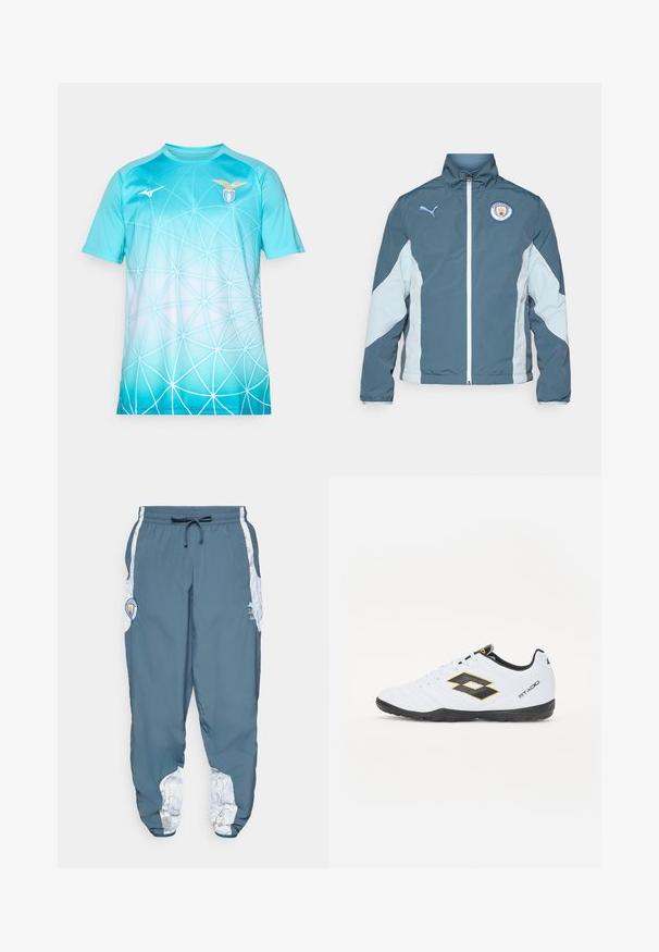 Jakna na vjetar u tamno plavoj i svijetloplavoj boji, sa zatvaranjem na zip, visokim ovratnikom i logotipom Manchester City na prsima.; Svijetloplava sportska majica s bijelim geometrijskim uzorkom, logo S.S. Lazio na desnoj strani grudnog koša i logo Mizuno na lijevoj strani grudnog koša.; Trenirke od plave tkanine s elastičnom trakom i vezicom. Bočni detalji imaju bijeli uzorak. Uključuje oznaku brenda.; Bijele sportske cipele s crnim i žutim akcentima, sa teksturiranim gornjištem, okruglim prstom i crnim gumennim potplatom. Dizajn uključuje logo detalj sa strane.
