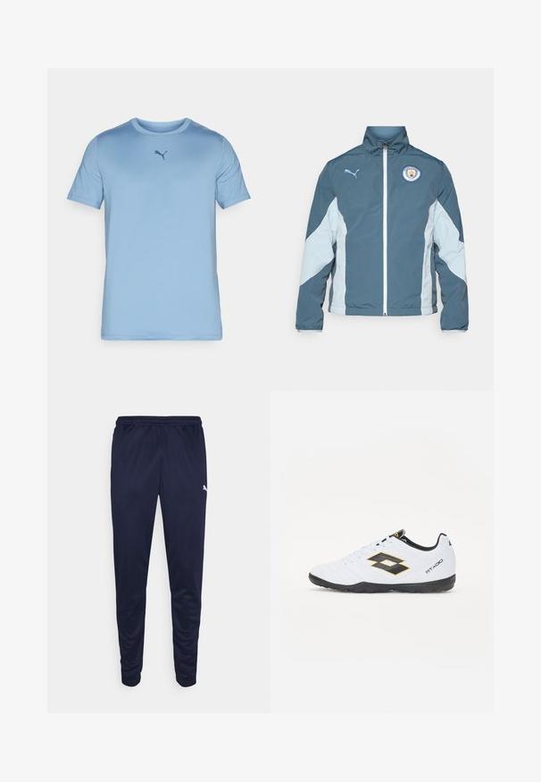 Vēja pārtraucējs jaka tumši zaļā un gaiši zilā krāsā, ar priekšējo rāvējslēdzēju, augstu apkakli un Mančestras City logo uz krūtīm.; Gaiši zils īsās piedurknes t-krekls, kas izgatavots no gludas auduma. Tam ir apaļa kakla izgriezums un neliels, tumši zils Puma logotips uz krūšu.; Jūras spēku sporta bikses, izgatavotas no viegla materiāla, ar elastīgu jostasvietu un sašaurinātām kājām. Mazs balts logotipa elements sānos.; Baltas sporta apavus ar melniem un dzelteniem akcentiem, ar teksturētu virsmu, apaļu purngalu un melnu gumijas zoli. Dizainā ir iekļauts logo elements sānos.
