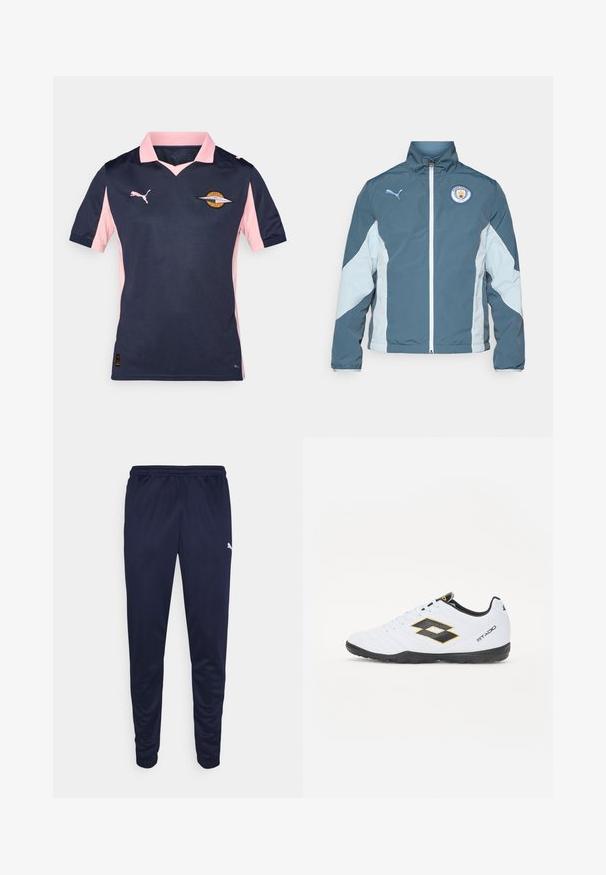 Vindjacka i mörk teal och ljusblå, med dragkedja fram, hög krage och Manchester City-logotyp på bröstet.; Marinblå och rosa kortärmad t-shirt med V-ringning, med en logotyp på bröstet. Tillverkad av ventilerande material. Puma-logotyp på ärmarna.; Marina träningsbyxor gjorda av lätt material, med en elastisk midja och tapered ben. Liten vit logotypdetalj på sidan.; Vita sportskor med svarta och gula accenter, med en texturerad ovandel, rund tå och en svart gummisål. Designen inkluderar en logotypdetalj på sidan.