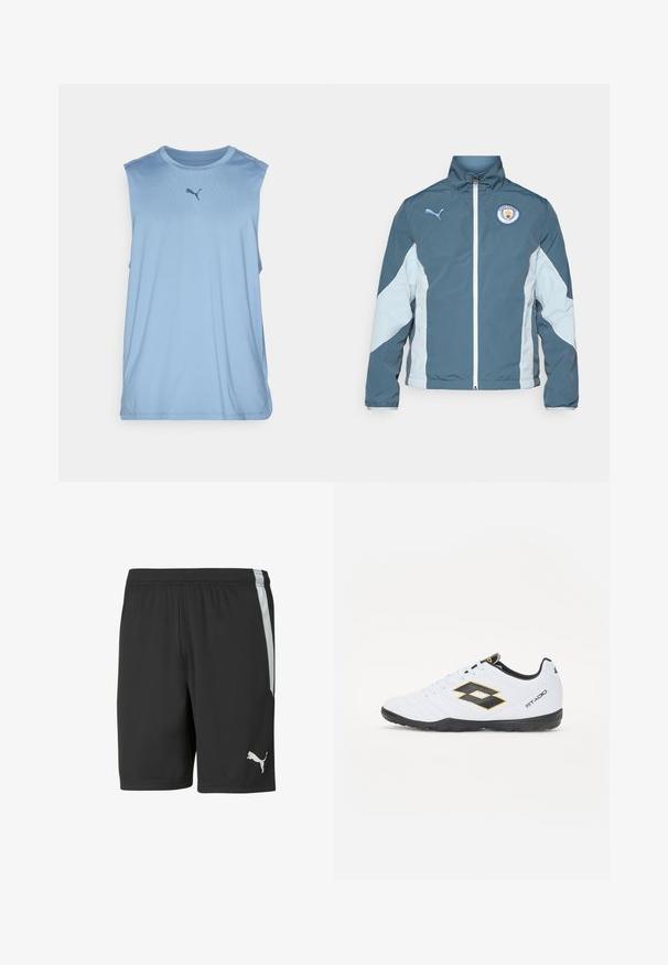 Jakna na vjetar u tamno plavoj i svijetloplavoj boji, sa zatvaranjem na zip, visokim ovratnikom i logotipom Manchester City na prsima.; Svijetloplavi bezrukavnik za sport, napravljen od glatkog materijala, s ovratnikom u stilui crew i malim mornarsko plavim Puma logotipom na prsima.; Crne atletske šortsice od lagane tkanine, s bijelom bočnom prugom i bijelim Puma logotipom na donjoj lijevoj prednjoj strani.; Bijele sportske cipele s crnim i žutim akcentima, sa teksturiranim gornjištem, okruglim prstom i crnim gumennim potplatom. Dizajn uključuje logo detalj sa strane.