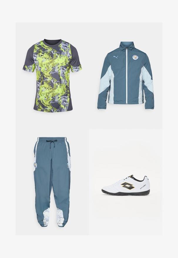 Vindjakke i mørk teal og lys blå, med glidelås foran, høy krage og Manchester City-logo på brystet.; Kortermet treningst-skjorte med et livlig grønt og grått abstrakt mønster, rund hals og strukturert stoff.; Trackbukser i blå stof med elastisk talje og snøre. Sideaccenter har et hvidt mønster. Inkluderer et mærke-logo patch.; Hvite sportsko med svarte og gule detaljer, med en teksturert overflate, rund tå og en svart gummisåle. Designet inkluderer et logodetalj på siden.