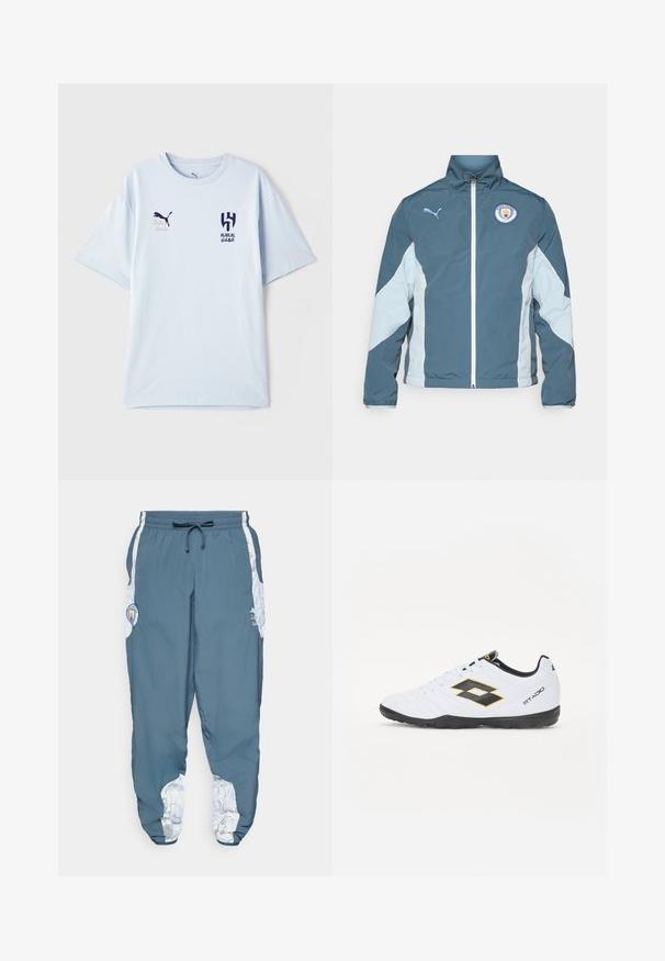 Windbreaker jacket in dark teal and light blue, featuring a zip front, high collar, and Manchester City logo on the chest.; Light blue short-sleeve t-shirt made of soft fabric, featuring a dark blue logo on the chest and embroidered details.; Track pants in blue fabric with elastic waistband and drawstring. Side accents feature a white pattern. Includes a brand logo patch.; White sports shoes with black and yellow accents, featuring a textured upper, round toe, and a black rubber sole. The design includes a logo detail on the side.