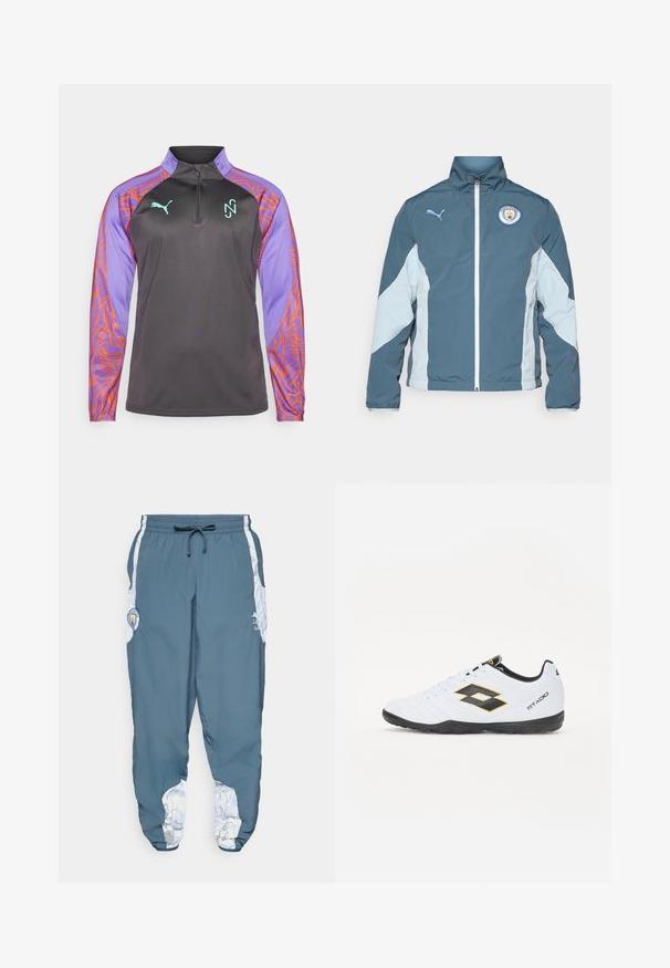 Windbreaker jacket in dark teal and light blue, featuring a zip front, high collar, and Manchester City logo on the chest.; Dark gray long-sleeve pullover featuring purple sleeves with orange wavy patterns, a half-zip collar, and a light blue logo on the chest.; Track pants in blue fabric with elastic waistband and drawstring. Side accents feature a white pattern. Includes a brand logo patch.; White sports shoes with black and yellow accents, featuring a textured upper, round toe, and a black rubber sole. The design includes a logo detail on the side.