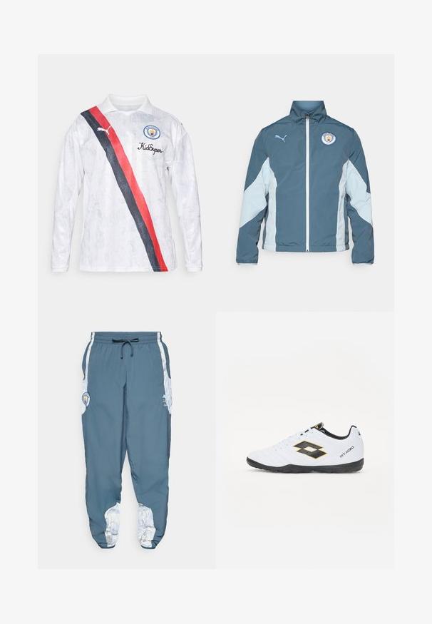 Vindjakke i mørk teal og lys blå, med glidelås foran, høy krage og Manchester City-logo på brystet.; Hvit langermet fotballdrakt med krage, med en diagonalt rød og svart stripe, Puma-logo og Manchester City-emblemet.; Trackbukser i blå stof med elastisk talje og snøre. Sideaccenter har et hvidt mønster. Inkluderer et mærke-logo patch.; Hvite sportsko med svarte og gule detaljer, med en teksturert overflate, rund tå og en svart gummisåle. Designet inkluderer et logodetalj på siden.