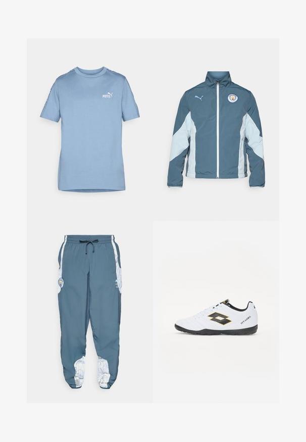 Casaco corta-vento em verde-escuro e azul-claro, com fecho éclair na frente, gola alta e logotipo do Manchester City no peito.; T-shirt de algodão azul claro com mangas curtas, decote arredondado e logótipo branco da Puma no peito. Possui detalhes com padrões ao longo dos ombros.; Calças de treino em tecido azul com cintura elástica e cordão. Os detalhes laterais apresentam um padrão branco. Inclui um patch com o logótipo da marca.; Sapatilhas brancas com detalhes em preto e amarelo, apresentando um cabedal texturizado, biqueira redonda e sola em borracha preta. O design inclui um detalhe de logótipo de lado.