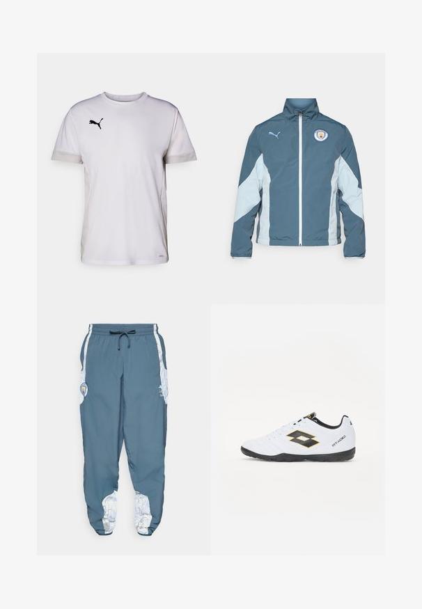 Chaqueta cortavientos en azul oscuro y azul claro, con cierre de cremallera en la parte delantera, cuello alto y el logo del Manchester City en el pecho.; Camiseta atlética blanca de manga corta con cuello redondo, que cuenta con acentos de malla transpirable en los lados y un logo negro de Puma en el pecho.; Pantalones deportivos de tela azul con cintura elástica y cordón. Los laterales presentan un patrón blanco. Incluye un parche con el logo de la marca.; Zapatillas deportivas blancas con acentos en negro y amarillo, que cuentan con un upper texturizado, punta redonda y suela de goma negra. El diseño incluye un detalle de logo en el lateral.