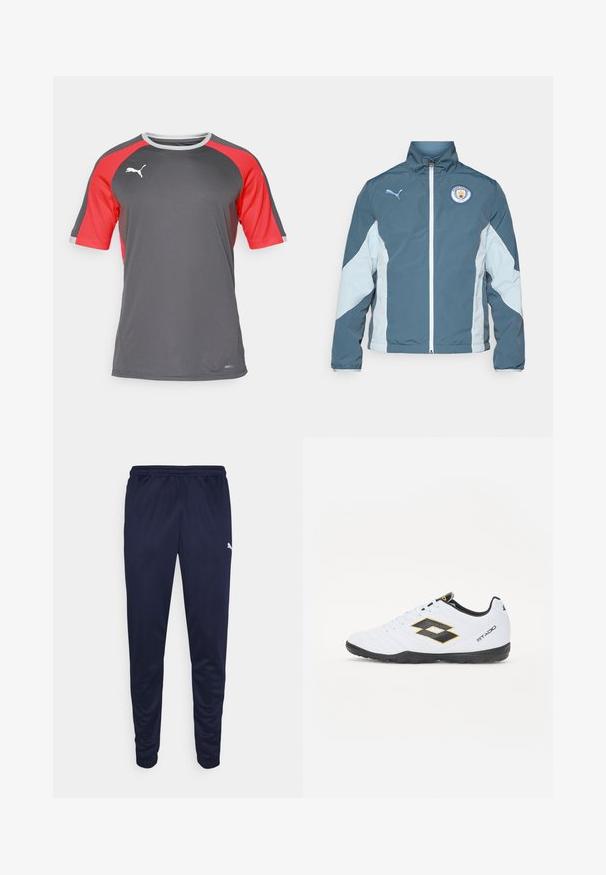 Vetrovka v temno teal in svetlo modri barvi, z zadrgo spredaj, visokim ovratnikom in logotipom Manchester City na prsih.; Siva atletska majica s crvenim mrežastim rukavima, okruglim izrezom i belim Puma logotipom na grudima, napravljena od tkanine koja odvaja vlagu.; Mornarske športne hlače iz lahkega materiala, z elastičnim pasom in ožjimi nogami. Majhen bel logotip na strani.; Bele športne čevlje z črnimi in rumenimi detajli, z teksturiranim zgornjim delom, okroglo konico in črnim gumijastim podplatom. Oblikovanje vključuje logotip na strani.