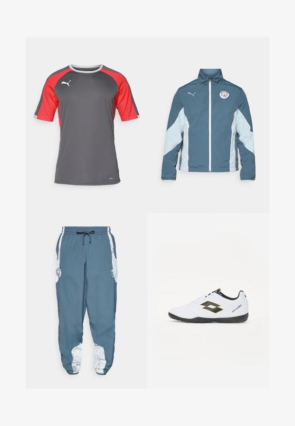 Vindjakke i mørk teal og lys blå, med glidelås foran, høy krage og Manchester City-logo på brystet.; Grå trenings t-skjorte med røde mesh-ermer, rund hals, og hvit Puma-logo på brystet, laget av fukttransporterende stoff.; Trackbukser i blå stof med elastisk talje og snøre. Sideaccenter har et hvidt mønster. Inkluderer et mærke-logo patch.; Hvite sportsko med svarte og gule detaljer, med en teksturert overflate, rund tå og en svart gummisåle. Designet inkluderer et logodetalj på siden.