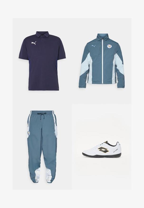 Vetrovka v temno teal in svetlo modri barvi, z zadrgo spredaj, visokim ovratnikom in logotipom Manchester City na prsih.; Mornarsko modra polo majica s kratkimi rokavi, ki ima bel Puma logotip na prsih in teksturirane panele ob straneh. Klasika v dizajnu ovratnika.; Hlače za sledenje iz modrega blaga z elastičnim pasom in vrvico. Stranski detajli vsebujejo bel vzorec. Vključuje oznako blagovne znamke.; Bele športne čevlje z črnimi in rumenimi detajli, z teksturiranim zgornjim delom, okroglo konico in črnim gumijastim podplatom. Oblikovanje vključuje logotip na strani.