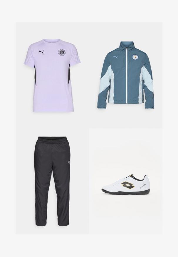 Vetrovka v temno teal in svetlo modri barvi, z zadrgo spredaj, visokim ovratnikom in logotipom Manchester City na prsih.; Svetlo vijolična športna majica s kratkimi rokavi, črnimi detajli na straneh in okroglo logo z napisom "FC St. Pauli 1910."; Črne športne hlače iz gladkega, lahkega materiala. Imajo elastičen pas in mali bel logotip na levi strani.; Bele športne čevlje z črnimi in rumenimi detajli, z teksturiranim zgornjim delom, okroglo konico in črnim gumijastim podplatom. Oblikovanje vključuje logotip na strani.