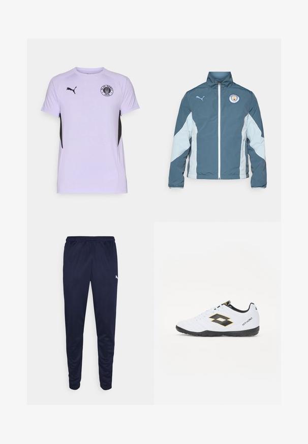 Windbreaker jacket in dark teal and light blue, featuring a zip front, high collar, and Manchester City logo on the chest.; Light purple athletic t-shirt with short sleeves, black accents on sides, and a circular logo featuring the text "FC St. Pauli 1910."; Navy athletic pants made from lightweight material, featuring an elastic waistband and tapered legs. Small white logo detail on the side.; White sports shoes with black and yellow accents, featuring a textured upper, round toe, and a black rubber sole. The design includes a logo detail on the side.