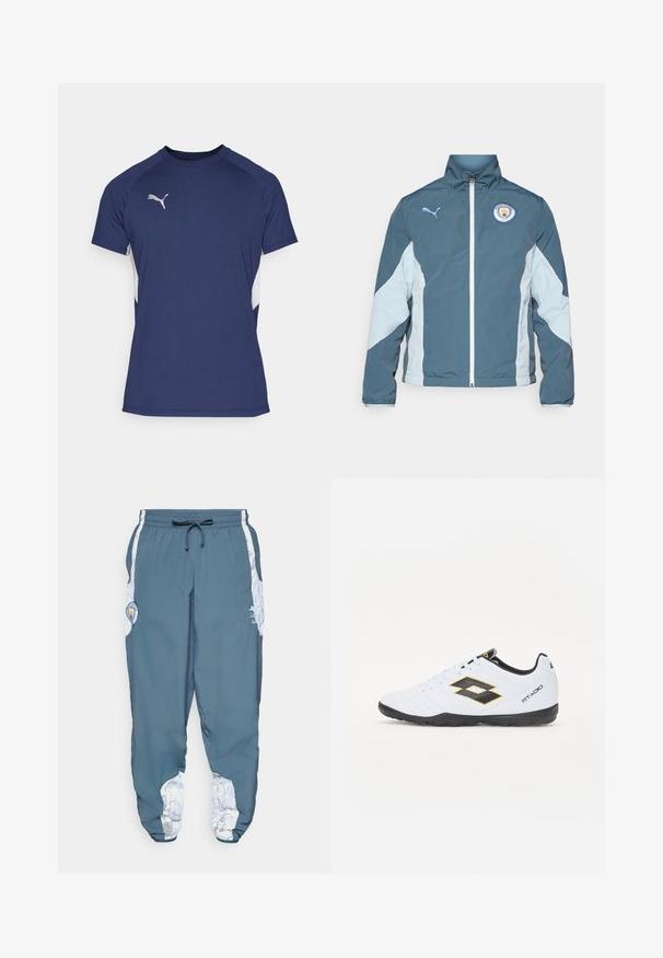 Windbreaker jas in donkerteal en lichtblauw, met een ritssluiting aan de voorkant, hoge kraag en het Manchester City logo op de borst.; Marineblauwe sport T-shirt met korte mouwen. Bevat witte zijpanelen en een zilveren Puma-logo op de borst. Gemaakt van een gladde stof.; Trainingsbroek van blauwe stof met elastische tailleband en trekkoord. Zijaccenten hebben een witte patroon. Inclusief een merklogo patch.; Witte sportschoenen met zwarte en gele accenten, met een gestructureerde bovenkant, ronde neus en een zwarte rubberen zool. Het ontwerp bevat een logo-detail aan de zijkant.