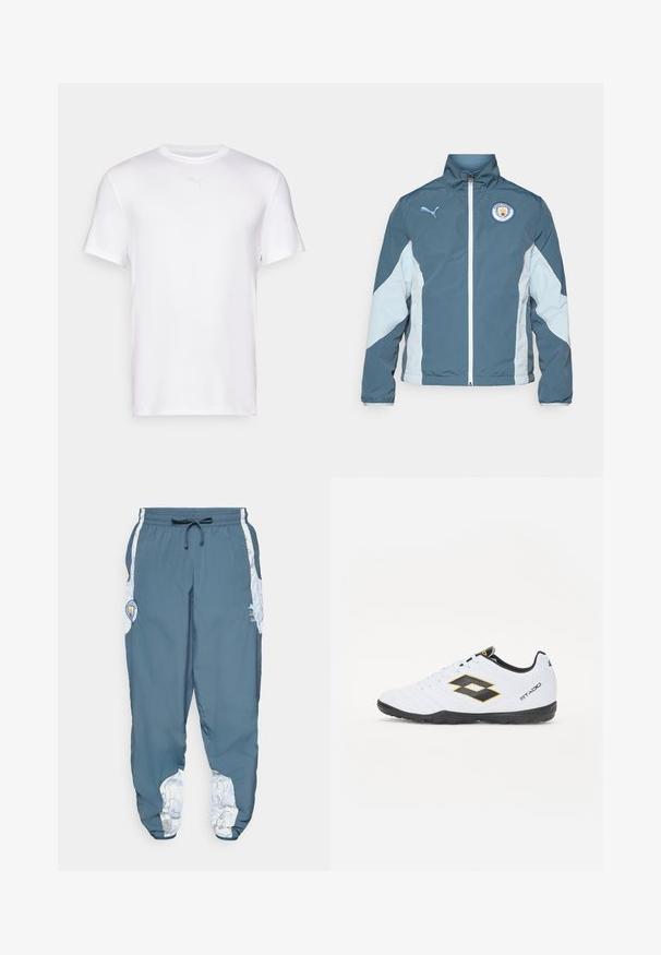 Vindjakke i mørk teal og lys blå, med glidelås foran, høy krage og Manchester City-logo på brystet.; Hvit T-skjorte med korte ermer laget av glatt, lett materiale. Har rund hals og en subtil logo på brystet.; Trackbukser i blå stof med elastisk talje og snøre. Sideaccenter har et hvidt mønster. Inkluderer et mærke-logo patch.; Hvite sportsko med svarte og gule detaljer, med en teksturert overflate, rund tå og en svart gummisåle. Designet inkluderer et logodetalj på siden.