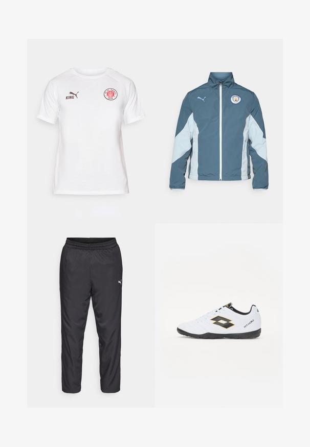 Tume smaragdrohe ja helesinise tuulejope, millel on tõmblukk, kõrge krae ja Manchester City logo rinnal.; Valge lühikeste varrukatega t-särk, mis on valmistatud siledast kangast. Rinnal on punane ja must ringikujuline logo, samuti pruuni värvi PUMA ja KING brändingu detailid.; Mustad mustranahad, mis on valmistatud sileda ja kergest materjalist. Omab elastset vöökohta ja väikest valget logo vasakul küljel.; Valged spordijalatsid mustade ja kollaste aktsentidega, millel on tekstuuriga pealisosa, ümmargune nina ja must kummist tallad. Disain sisaldab logo detaile külgedel.