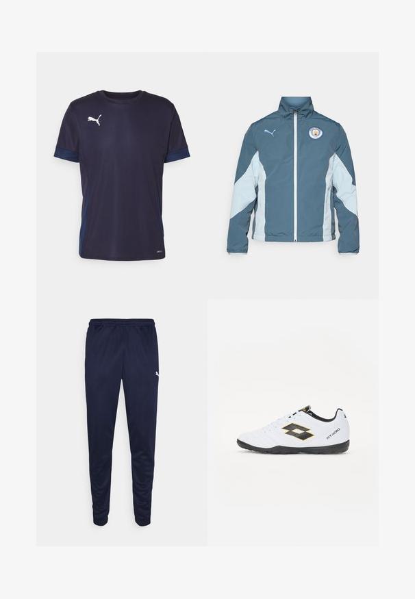 Vindjacka i mörk teal och ljusblå, med dragkedja fram, hög krage och Manchester City-logotyp på bröstet.; Puma tränings t-shirt i mörk marinblå med ljus marinblå accentpaneler. Har korta ärmar, rund hals och en vit logotyp på bröstet.; Marina träningsbyxor gjorda av lätt material, med en elastisk midja och tapered ben. Liten vit logotypdetalj på sidan.; Vita sportskor med svarta och gula accenter, med en texturerad ovandel, rund tå och en svart gummisål. Designen inkluderar en logotypdetalj på sidan.