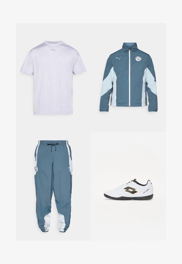 Tuulitakki tummansinisessä ja vaaleansinisessä, jossa on vetoketjukiinnitys, korkea kaulus ja Manchester Cityn logo rinnassa.; Valkoinen lyhythihainen t-paita, joka on valmistettu pehmeästä kankaasta ja jossa on pyöreä pääntie. Rinnassa on vaaleansinisellä Puma-logo.; Sinisiä track-housuja, joissa on elastinen vyötärö ja naru. Sivusaumoissa on valkoinen kuviointi. Mukana brändin logopatch.; Valkoiset urheilukengät mustilla ja keltaisilla yksityiskohdilla, joissa on teksturoitu päällinen, pyöreä kärki ja musta kumipohja. Suunnittelussa on logotieto sivulla.