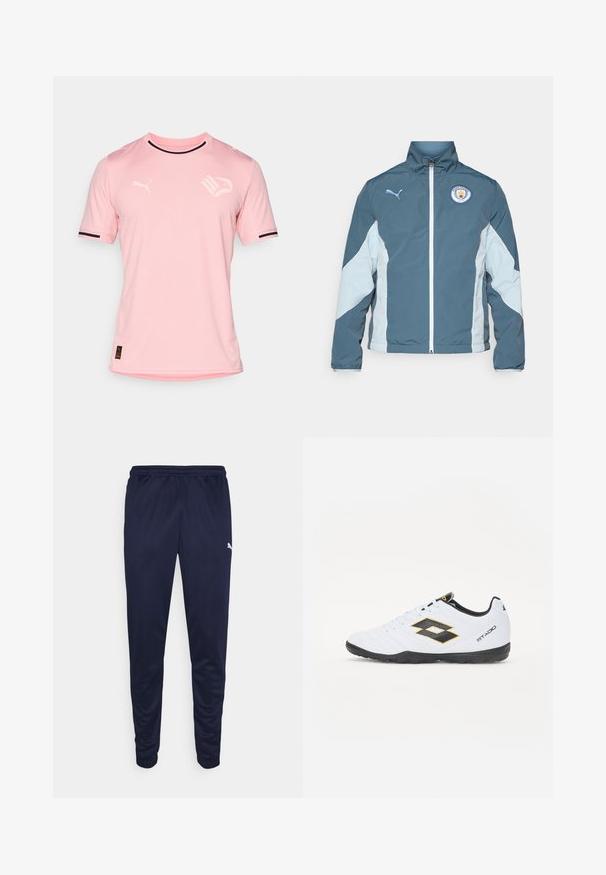 Vēja pārtraucējs jaka tumši zaļā un gaiši zilā krāsā, ar priekšējo rāvējslēdzēju, augstu apkakli un Mančestras City logo uz krūtīm.; Gaiši rozā sporta krekls ar īsām piedurknēm, izgatavots no elpojoša auduma, ar melnu apmalēm pie piedurknēm un logotipa akcentiem uz krūtīm.; Jūras spēku sporta bikses, izgatavotas no viegla materiāla, ar elastīgu jostasvietu un sašaurinātām kājām. Mazs balts logotipa elements sānos.; Baltas sporta apavus ar melniem un dzelteniem akcentiem, ar teksturētu virsmu, apaļu purngalu un melnu gumijas zoli. Dizainā ir iekļauts logo elements sānos.