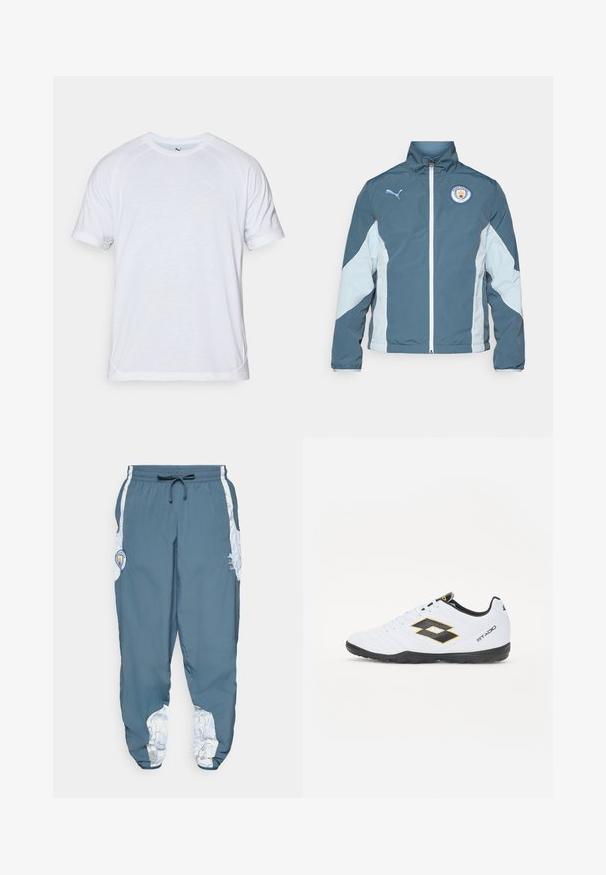 Vetrovka v temno teal in svetlo modri barvi, z zadrgo spredaj, visokim ovratnikom in logotipom Manchester City na prsih.; Bela kratka majica s kratkimi rokavi z raglan rokavi, okroglim izrezom, subtilno teksturo in majhnim logotipom na sprednjem levem prsnem delu.; Hlače za sledenje iz modrega blaga z elastičnim pasom in vrvico. Stranski detajli vsebujejo bel vzorec. Vključuje oznako blagovne znamke.; Bele športne čevlje z črnimi in rumenimi detajli, z teksturiranim zgornjim delom, okroglo konico in črnim gumijastim podplatom. Oblikovanje vključuje logotip na strani.